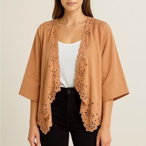 Pink Martini Open Front Boho Scalloped Laser-Cut Eyelet Kimono Cardigan Top Pink